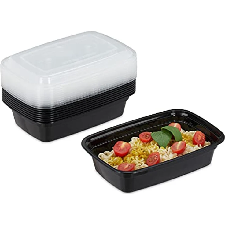 Relaxdays Meal Prep, 10er Set, 1 Fach, 1000 ml, mikrowellengeeignet, auslaufsicher, Food-Box, Kunststoff, schwarz – Bild 1