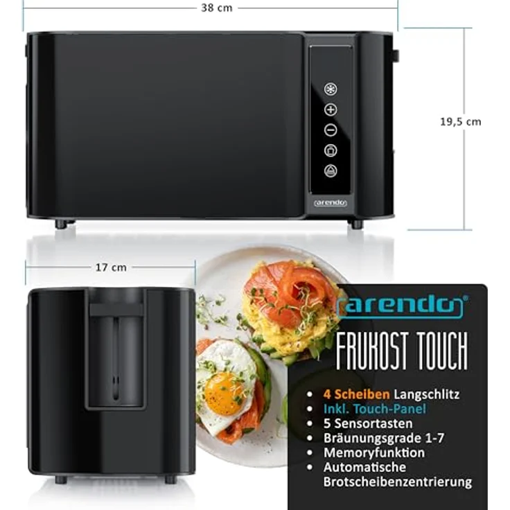 Arendo Edelstahl Toaster Langschlitz 4 Scheiben, Touchscreen, Doppelwandgehäuse, 7 Bräunungsgrade, Memoryfunktion, Klavierlack Schwarz – Bild 2