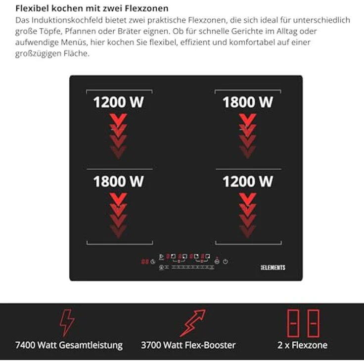 KB ELEMENTS Induktionskochfeld 60 cm, 4 Zonen, Flexzone, Anti Scratch, 7400 Watt, Touch-Bedienung, Warmhaltefunktion, 99 Min Timer, Kindersicherung, Rahmenlos – Bild 4