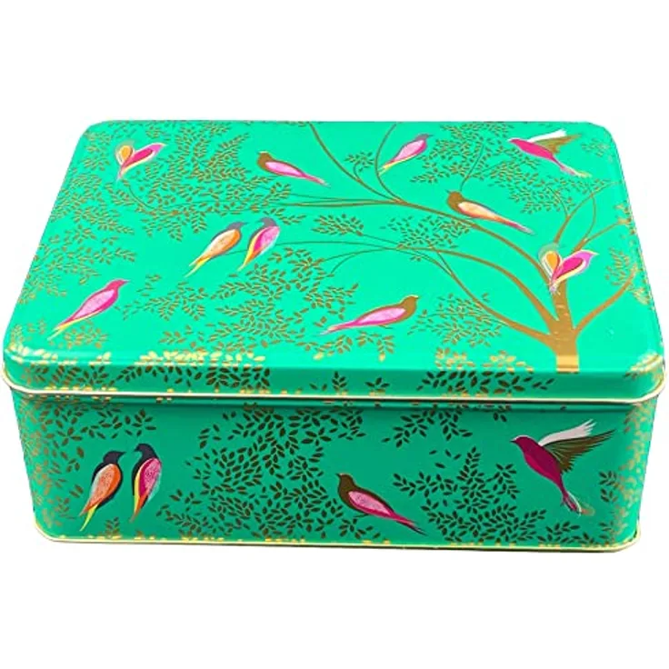 MediMuc Geschenkdose Design Sara Miller - Liebevoll gestaltete rechteckige Vorratsdose - Motiv exotische Vögel - Blechdose, Keksdose, Dose - Maße: (L x B x H): 19,5 x 15,4 x 7,5cm