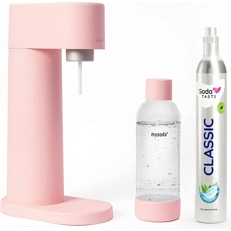 SodaTASTE Mysoda Woody - Wassersprudler aus erneuerbarem Holzkomposit mit 1L BPA-freier Plastikflasche, CO2-Zylinder Classic (Rosa)