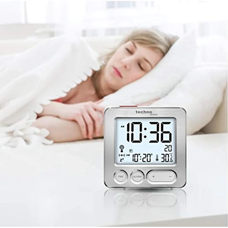 Technoline WT265 handlich und überzeugend moderner Funkwecker mit gebürsteter Echtmetall-Front, silber, Touch-Aktivierung für Beleuchtung/Snooze, Datum, Innentemperatur, 66 x 21 x 66 mm – Bild 5
