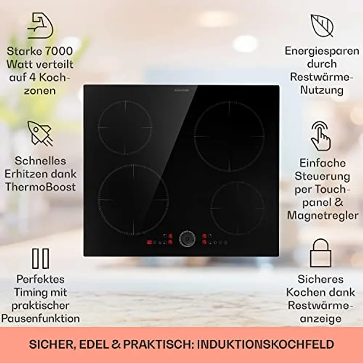 Klarstein Induktionskochfeld 4 Platten, Einbau-Induktionskochfeld mit 4 Kochfelder, 7000 Watt Induktionskochfeld, Herd mit Touch-Control & Timer, Glaskeramikkochfeld mit Abnehmbarem Magnetregler – Bild 2
