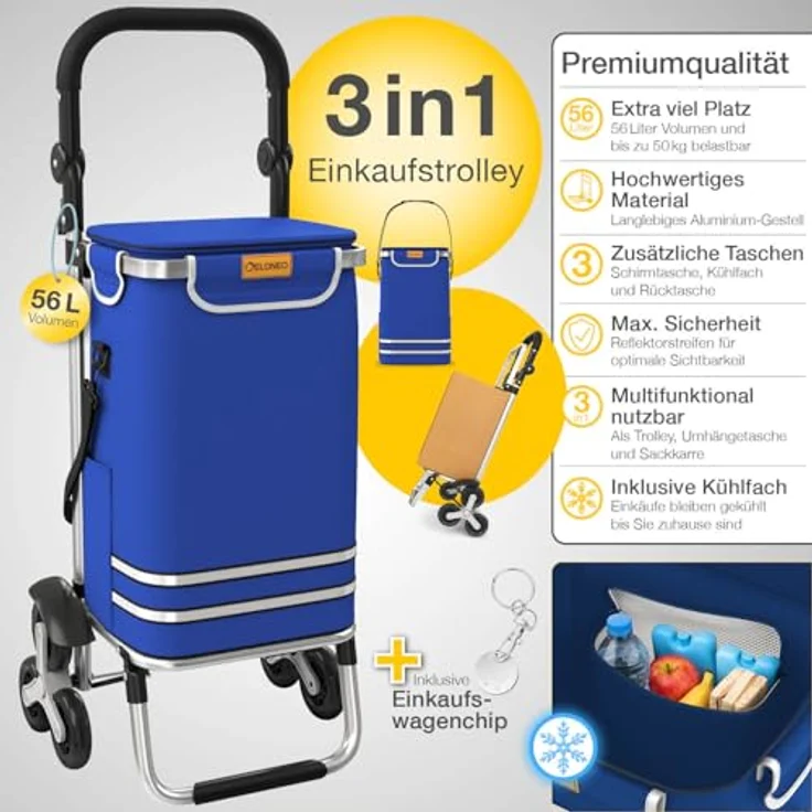 ELONEO Einkaufstrolley Treppensteiger, höhenverstellbar mit Kühlfach und abnehmbarer Tasche 56 L, faltbar, Blau – Bild 3