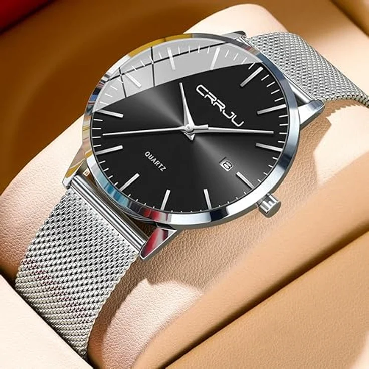 CRRJU Herren Uhr Ultra Dünne Wasserdicht Analog Quarz Armbanduhr mit Schwarz Edelstahlband, Silber/Schwarz – Bild 5