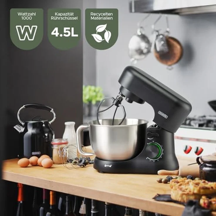 Bourgini Elements Küchenmaschine, 1000 W, 4,5 L Edelstahl-Rührschüssel, 8 Geschwindigkeiten, Pulsfunktion, 3 spülmaschinengeeignete Zubehörteile, GRS-zertifiziert – Bild 8