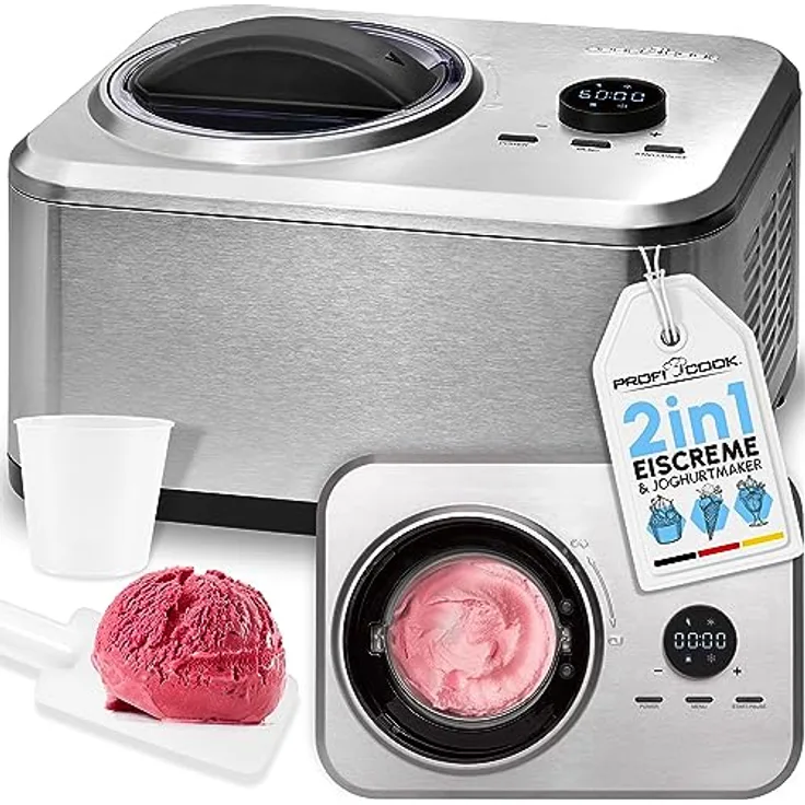ProfiCook® Eismaschine und Joghurtbereiter | Eis in 20 min. | für bis zu 1500ml | Eismaschine mit Kompressor | für Eis & Frozen Joghurt | Inkl. Rezeptvorschläge, Spachtel und Messbecher | PC ICM 1268