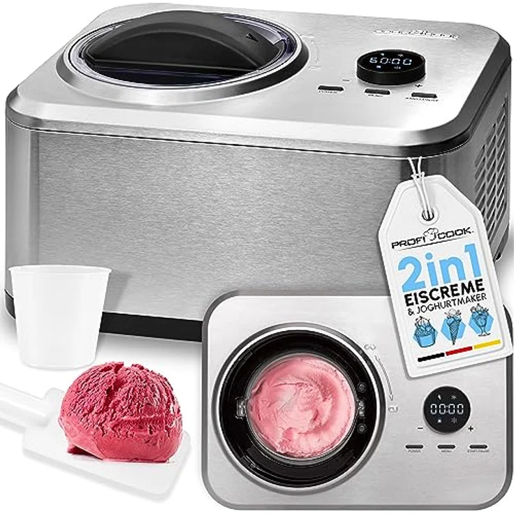 ProfiCook® Eismaschine und Joghurtbereiter | Eis in 20 min. | für bis zu 1500ml | Eismaschine mit Kompressor | für Eis & Frozen Joghurt | Inkl. Rezeptvorschläge, Spachtel und Messbecher | PC ICM 1268 – Bild 1