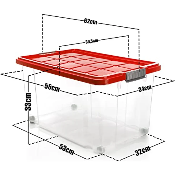 BigDean 4 Stück 60 L Aufbewahrungsbox mit Deckel groß rot - stapelbare robuste Box BPA-frei - rollbare Stapelbox mit festen Klickverschlüssen