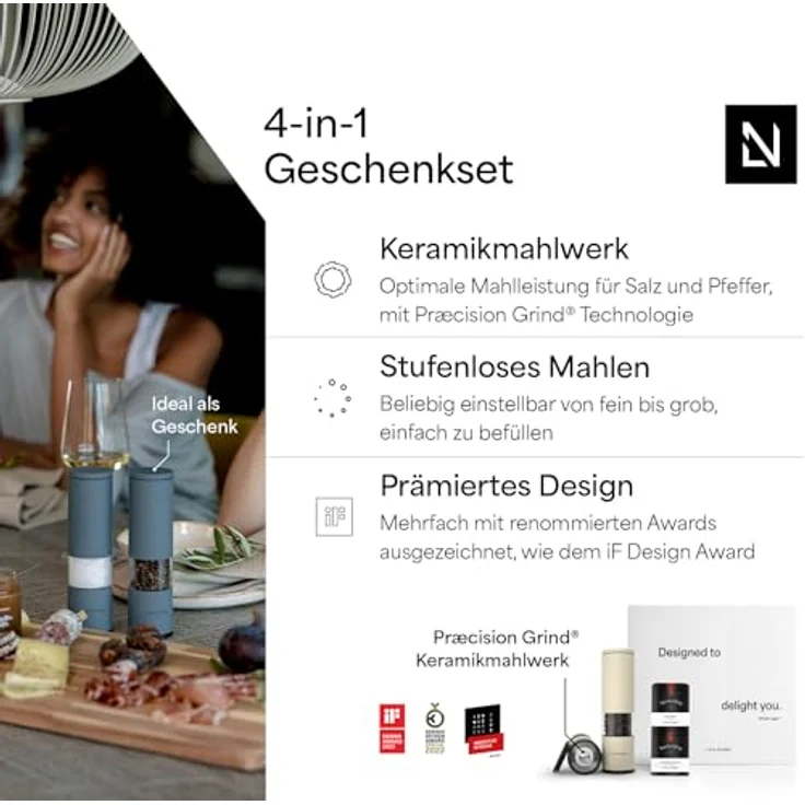 LARS NYSØM Lagom Salz-/Pfeffermühle Manuell, 2er Set mit einstellbarem Keramik-Mahlwerk, edel verpackt in Geschenkbox – Bild 3