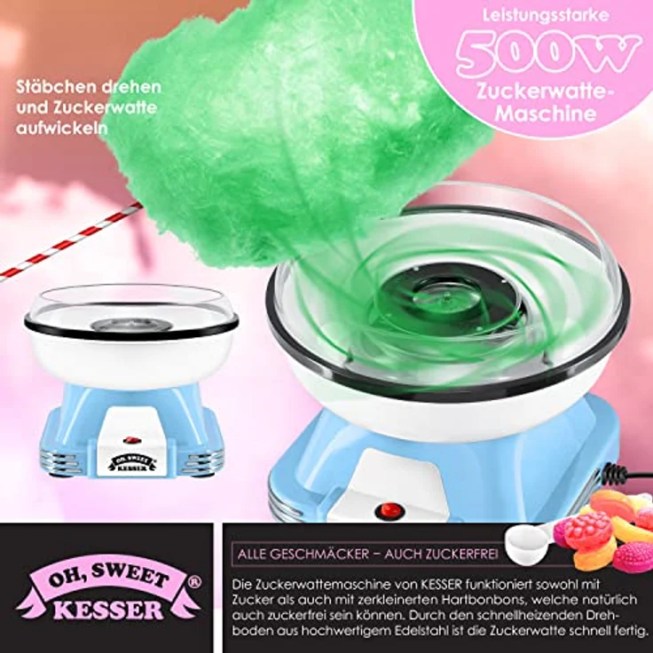 KESSER® Zuckerwattemaschine Set für Dein zuhause - Mit 30x Zuckerwatte Stäbchen & Messlöffel - Retro Cotton Candy Maschine - Zuckerwatte Maschine Mit Zubehör - Höhe 22 cm - 500 W Blau Weiß – Bild 5