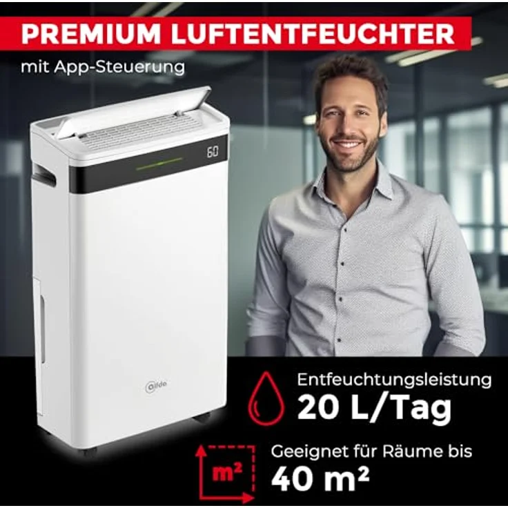 alfda AEF2000W Luftentfeuchter elektrisch mit App-Steuerung - 20 Liter/Tag, Raumentfeuchter bis 40 m², Swing-Funktion, Wäschemodus – Bild 2