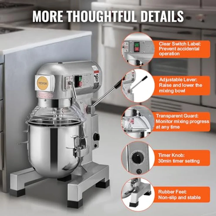 VEVOR Kommerzieller Küchenmixer B30B, 28,5 l Standmixer mit 3 Geschwindigkeiten, 1100 W, Edelstahlschüssel und 3 Mixaufsätzen, funkelt in Silber – Bild 6