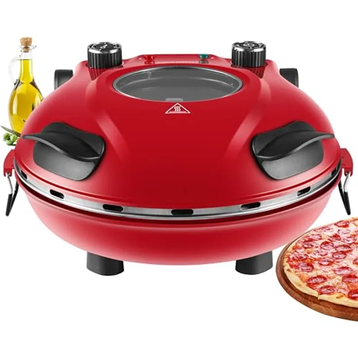 Steinborg Pizzaofen elektrisch mit 32 cm Pizzastein | 390°C | Timer | 5 Stufen | 1200 Watt | Pizza Bräter | Pizzaofenherd | rot