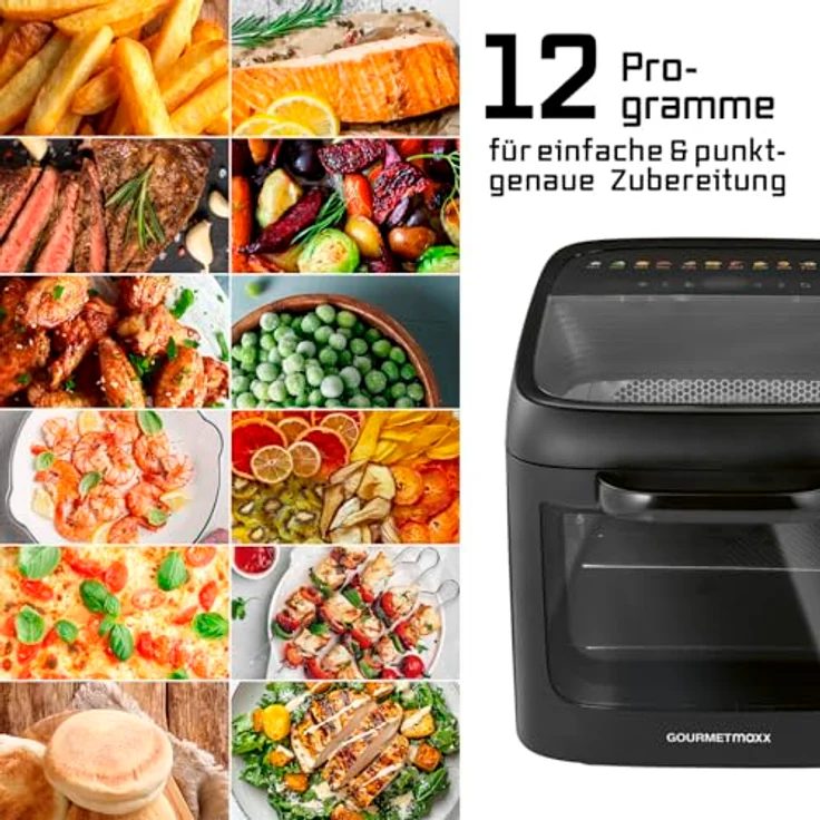 GOURMETmaxx Heißluftfritteuse Heißluftofen 1800 W, 12 Programme, 12,5 l, Panoramadach & Frontfenster, Fettauffangschale – Bild 10