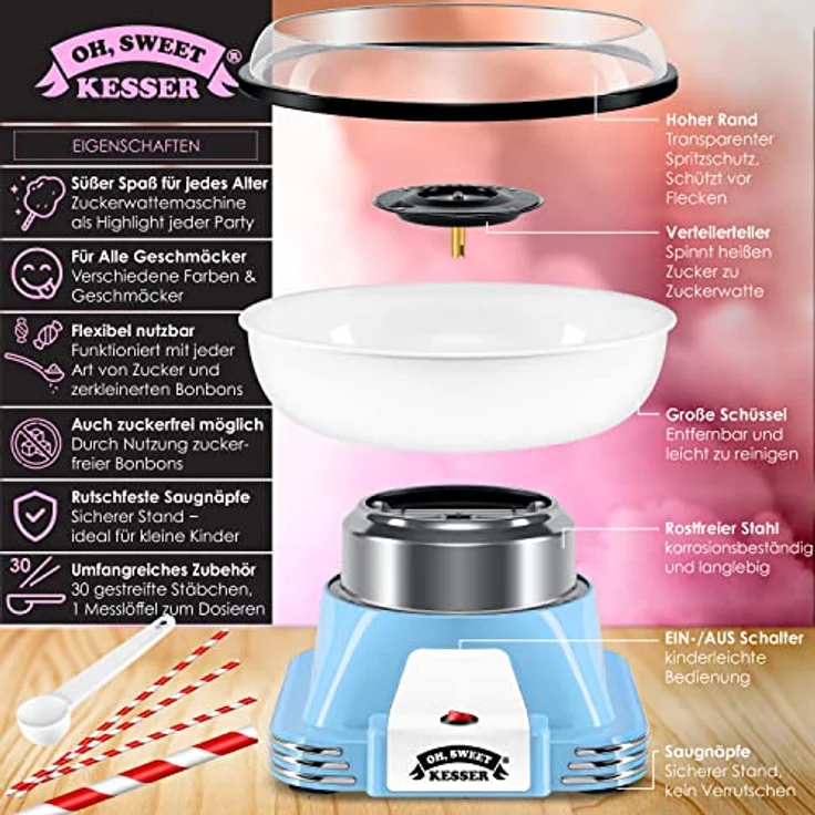 KESSER® Zuckerwattemaschine Set für Dein zuhause - Mit 30x Zuckerwatte Stäbchen & Messlöffel - Retro Cotton Candy Maschine - Zuckerwatte Maschine Mit Zubehör - Höhe 22 cm - 500 W Blau Weiß – Bild 2
