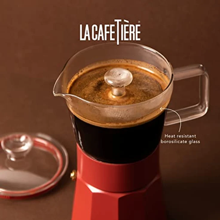 La Cafetière Verona Espressokocher aus Glas, rot, induktionsgeeignet, 6 Tassen, in Geschenkverpackung – Bild 4