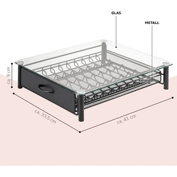 eluno Kapselhalter für 40x Nespresso Vertuo, Schubladenbox mit Glas-Maschinenständer aus Metall und Glasplatte, transparent, ca. 33,5 x 9 x 41 cm (B/H/T) – Bild 3