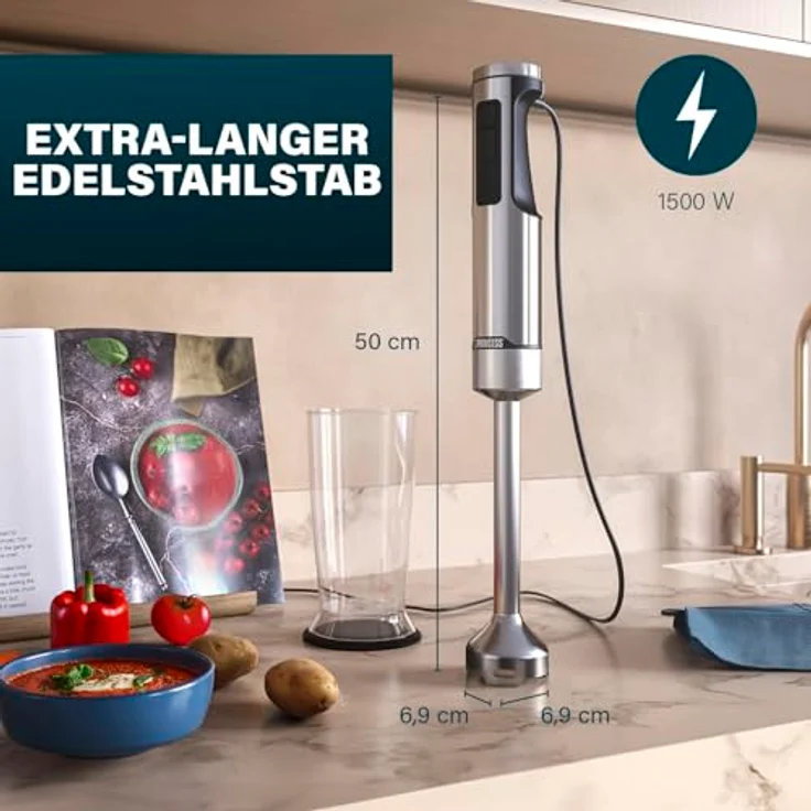 Princess Edelstahl-Stabmixer Prof XXL, 1500W, 50 cm Edelstahlstab, 5 Geschwindigkeiten, Turbofunktion, 4-Klingen-System, Messbecher mit Deckel, spülmaschinenfest, 221233 – Bild 2