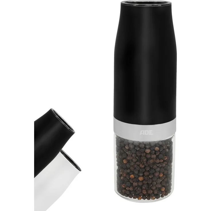 ADE Elektrische Salz-/Pfeffermühle, mit automatischem Kippsensor, LED-Beleuchtung, stufenlos einstellbarem Keramikmahlwerk und Glasbehälter