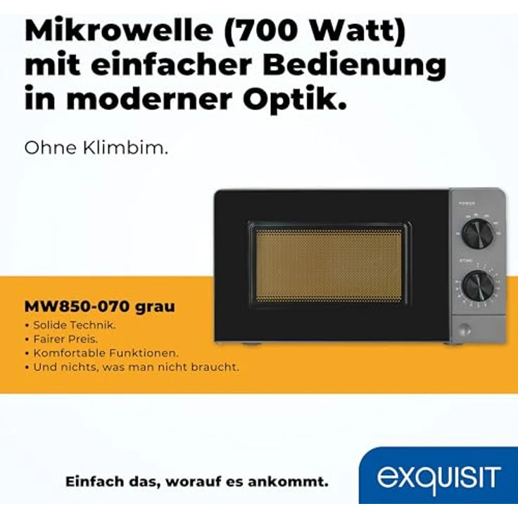 Exquisit Mikrowelle MW850-070 grau | 700 W | Garraum 20 l | Timer | 24,5cm Ø Drehteller – Bild 2