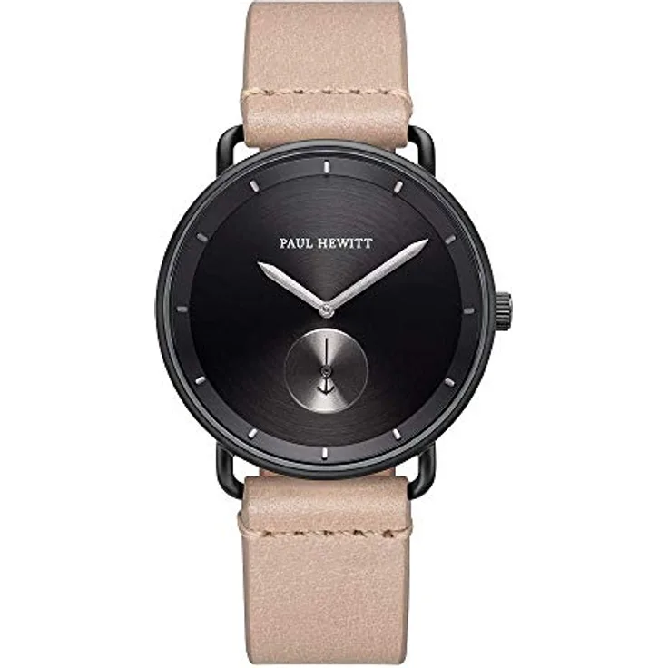 PAUL HEWITT Armbanduhr Männer Edelstahl Breakwater Black Sunray - Herren Uhr Lederarmband (Sandfarben), Schwarze Herren Armbanduhr, schwarzes Ziffernblatt