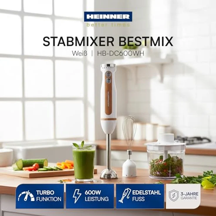 Heinner HB-DC600WH, Stabmixer mit 600 Watt Leistung, Mixerschüssel 1 Liter und Zerkleinerungsschüssel 0,5 Liter, Holzoptik – Bild 2