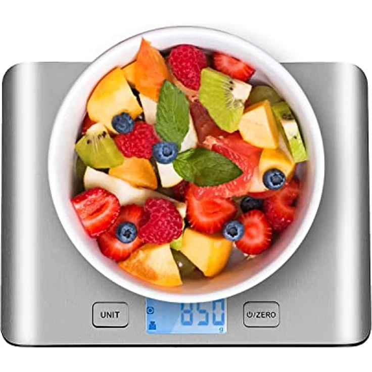 himaly Küchenwaage digital aus Edelstahl Professionelle Waage (5kg Maximalgewicht), Tara-Funktion, aus Edelstahl mit großem LCD-Display für Backen & Kochen – Bild 1