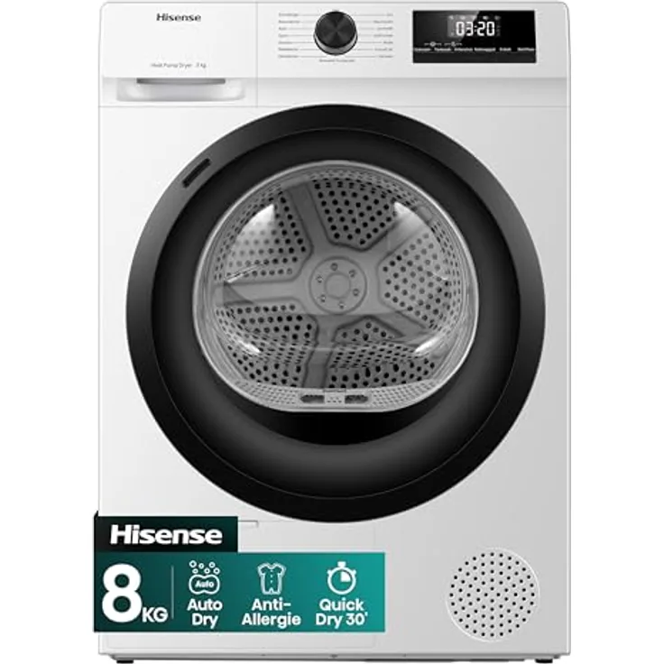 Hisense DHQE800BW2 Kondensationswäschetrockner, 8 kg Fassungsvermögen, Energieeffizienzklasse D, Hygiene- und Fein-Programme, Tür-Anschlag rechts