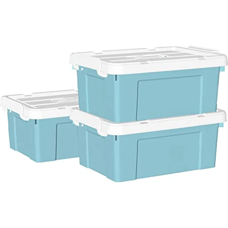 Cetomo 20 l x 3 Kunststoff-Aufbewahrungsbox, Tragetasche, Organisationsbehälter mit robustem Deckel und sicheren Verriegelungsschnallen, stapelbar und stapelbar, 3 Stück, blau mit Schnalle