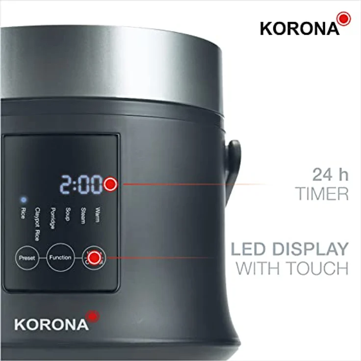 Korona 58011 Reiskocher, 300 Watt, 1,6 Liter, Dampfgarer, Warmhaltefunktion, LED Display, Touch, Buttons, Antihaftbeschichtung, Messbecher, schwarz – Bild 4