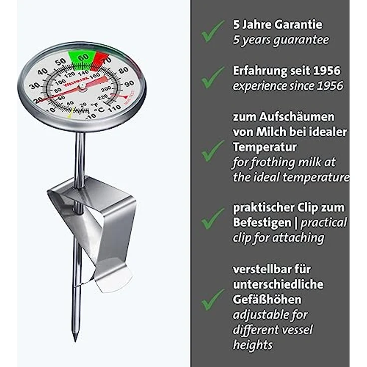 Westmark Milch-Thermometer – praktisches Küchenthermometer zum optimalen Aufschäumen von Milch, leckerer Milchschaum für Kaffee, Barista-Thermometer mit Clip – Edelstahl - Preisvergleich – Bild 2