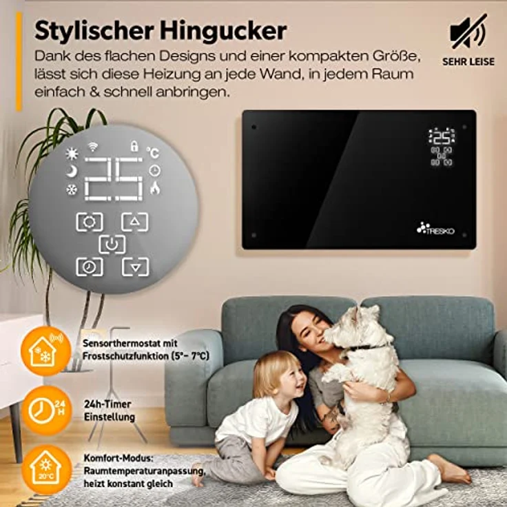 TRESKO Elektroheizung Schwarz 2000W inkl. WiFi & APP Glaskonvektor Konvektor Wand Heizung Glas Heizkörper Bad, Konvektor – Bild 7