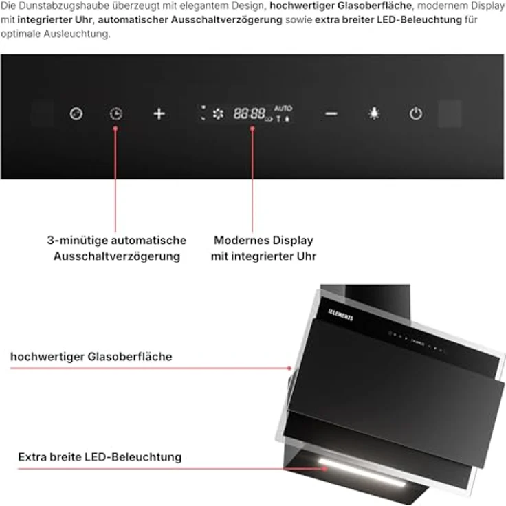KB ELEMENTS Dunstabzugshaube Unterbau 60 cm, 1000 m³/h, Touch- und Gestensteuerung, Abluft- und Umluftbetrieb, Fernbedienung, LED-Beleuchtung – Bild 4