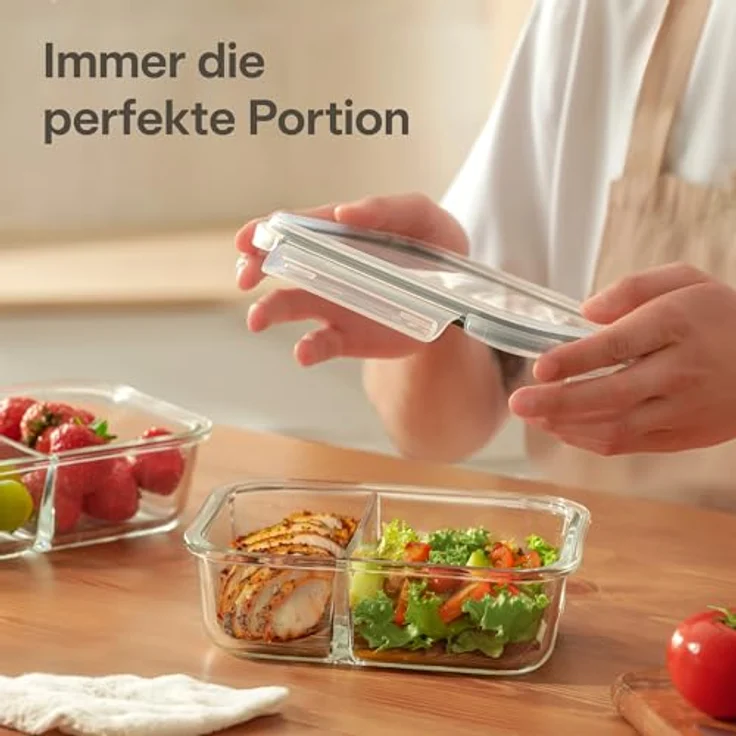 Praknu Lunchbox Frischhaltedosen Set 2 Kammer, Borosilikatglas, BPA-freier Kunststoffdeckel, Silikon, (Set), Ofenfest, Einfrieren, 1000 ml - Bento Box - Tupper – Bild 2