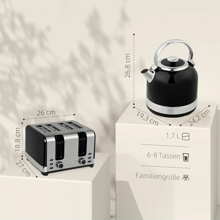 HOMCOM Toaster-Set mit Wasserkocher, 2200 W, 1.7 L, 7 Bräunungsstufen, Strix-Thermostat, Schwarz mit Edelstahlakzenten – Bild 7