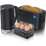 Arendo Frühstücks Set Wasserkocher 1,5l Temperaturwahl, 4 Scheiben Toaster & Eierkocher für 6 Eier, Schwarz, Toaster, Schwarz