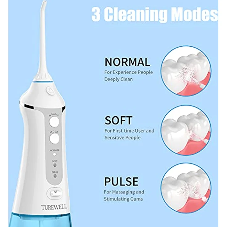 TUREWELL FC1591 Professionelle Munddusche, 300 ml tragbare USB-wiederaufladbare Munddusche Wasserdicht IPX7 und 3 Modi mit 5 multifunktionalen Düsen für Familie und Reisen – Bild 2