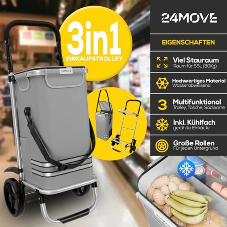 24MOVE® Einkaufstrolley Vehlo, klappbar mit 55L Kühlfach, faltbarer 3in1 Trolley - Sackkarre und Tasche, grau, bis 30kg belastbar – Bild 2