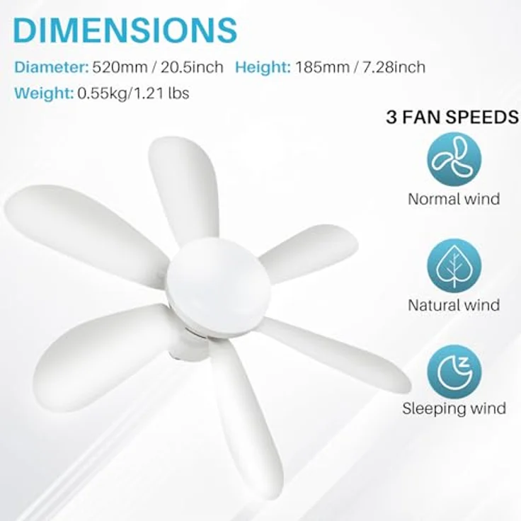 OKYUK Deckenventilator mit Beleuchtung, dimmbare Farbtemperatur, E26/E27-Sockel, 48 cm, fernbedienbar, leise, Weiß – Bild 3