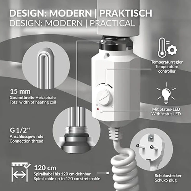 ECD Germany Heizstab 900W Weiß für Badheizkörper mit Thermostat, Elektronischer Temperaturregler und Frostschutz-Funktion – Bild 3