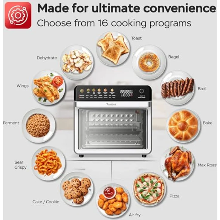 TurboTronic Multi-Smart-Ofen - 16in1 Heißluftofen & Dörrautomat 2200W Power 34L bis 6kg Pommes Backofen mit Dörrfunktion 40-350°C Drehspieß Grill Airfryer kleine Tisch Pizzaofen, Edelstahl – Bild 5