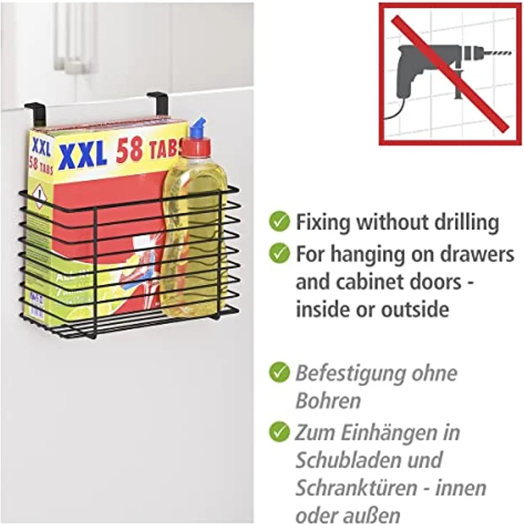 WENKO Einhängekorb Groß, platzsparender Organizer zum Einhängen an Schublade oder Schranktür, geeignet für Badezimmer und Küche, ohne Bohren, aus pulverbeschichtetem Metall, 24 x 24,5 x 15 cm, Schwarz – Bild 2