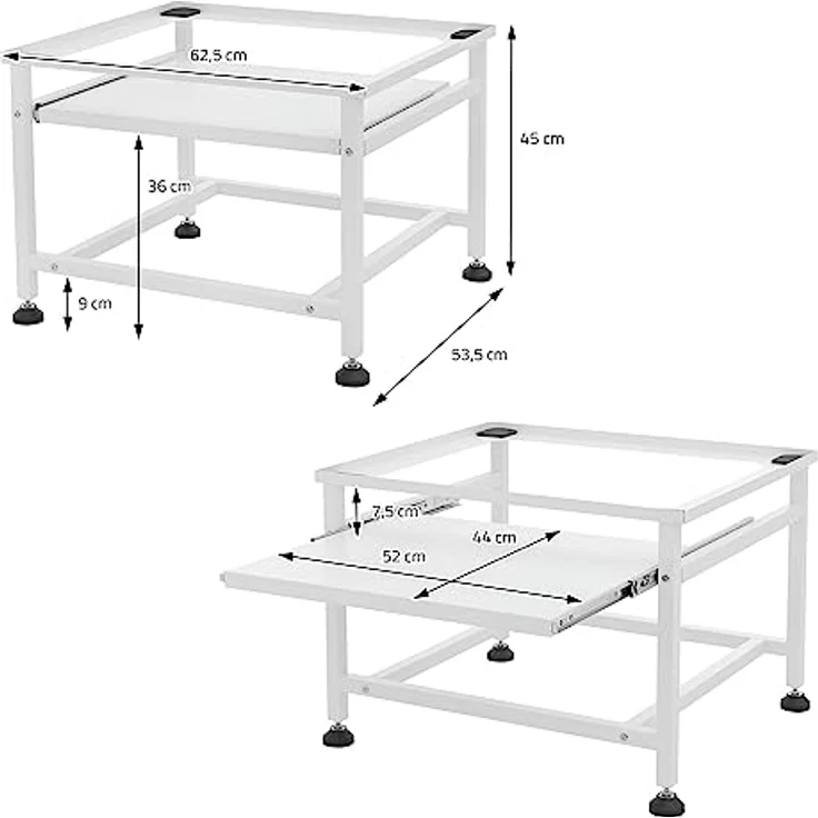 ML DESIGN modern living Waschmaschinen-Untergestell mit ausziehbarer Ablage, Weiß, 62,5x53,5x45 cm, aus Stahl, bis 150kg, höhenverstellbaren Füße – Bild 5