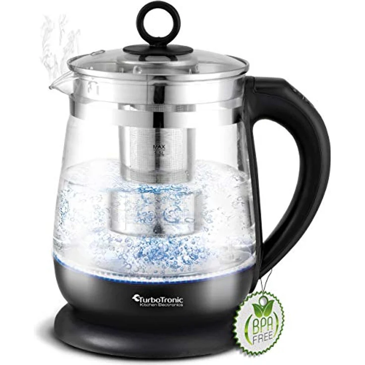 TurboTronic Glas-Wasserkocher TT-LED11, 2200 W, 1,5 l, hitzebeständiges Borosilikatglas, Temperaturwahl 60-100 °C, herausnehmbares Teesieb, 100 % plastikfrei – Bild 1
