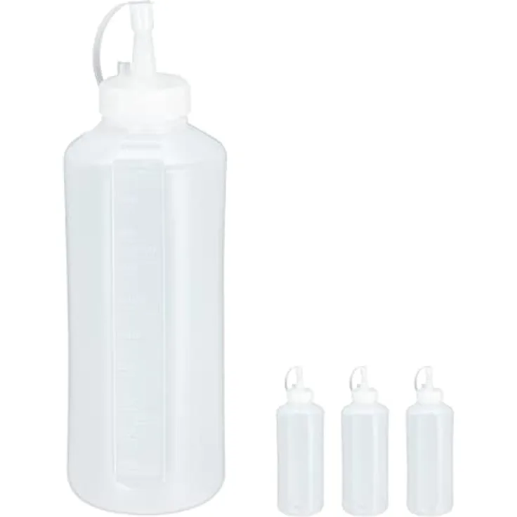 relaxdays Dressing Shaker Quetschflasche 1000 ml 4er Set, transparente Kunststoffflaschen für Ketchup, Senf und Saucen, punktgenaue Dosierung