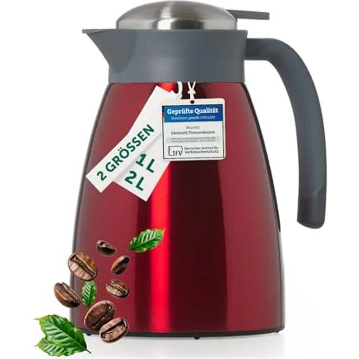 Blumtal Thermoskanne 1l - BPA-freie Edelstahl Teekanne mit Quick Tip Verschluss, auslaufsicher und langanhaltender Isolation, rot – Bild 1
