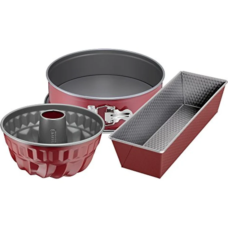 Kaiser Classic Plus Backformen-Backset, 3-teilig, mit Springform (Flachboden), Bund-- Gugelhupfform, Königskuchenform, antihaftbeschcihtet, Auslaufschutz, rot – Bild 2