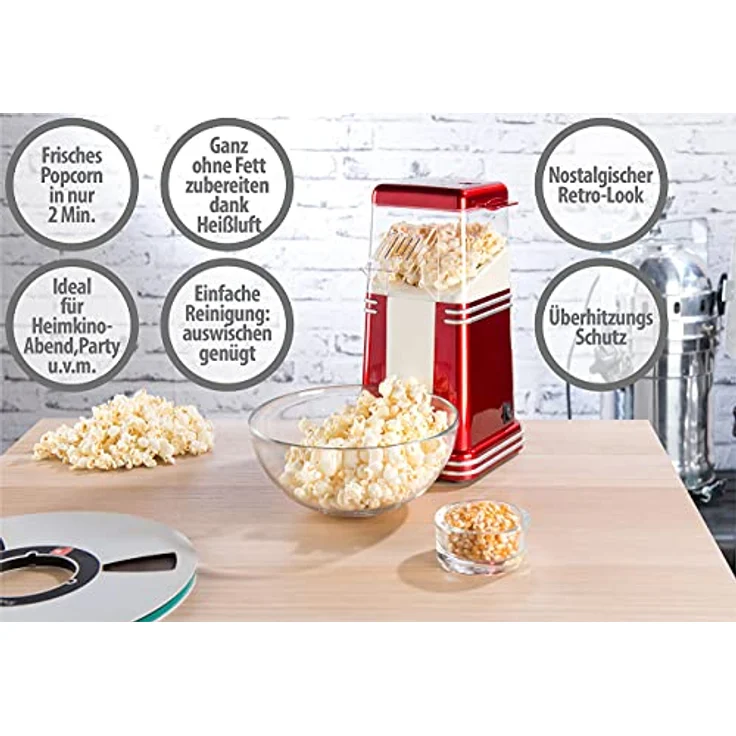 Rosenstein & Söhne Popcornmaschine XL Heißluft Popcorn Maschine für bis zu 100 g Mais, 1200W, rot – Bild 6