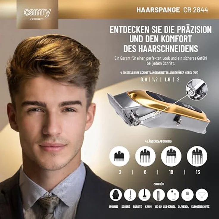 Camry Haarschneidemaschine Profi, kabelloser Haarschneider mit LED-Display, 4 Aufsätzen (3, 6, 10, 13 mm), einstellbare Schnitthöhe 0,8-2,0 mm, Edelstahlklinge, USB-Ladung, 200 Min. Laufzeit – Bild 3